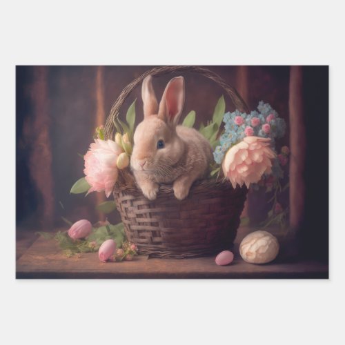 A cute bunny in a basket wrapping paper sheets