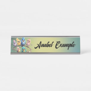A cute cartoon bird parade in vibrant colors.  desk name plate