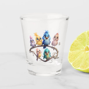 A cute cartoon bird parade in vibrant colors. shot glass