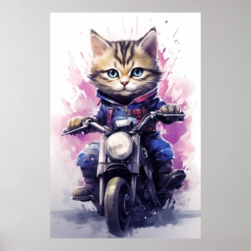 A Cute Cat in a Watercolor Poster Riding in Style Poster