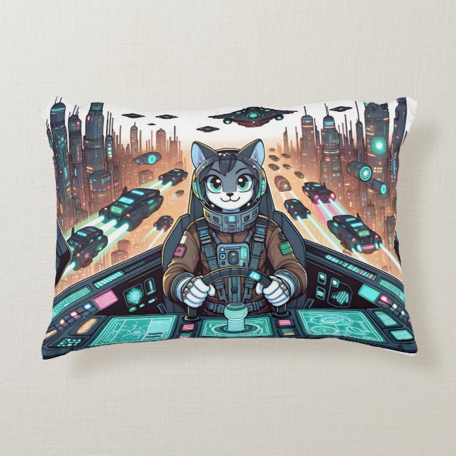 A cute cat like pilot navigates futuristic accent pillow (Front)