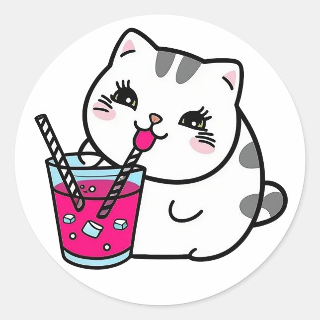 A cute cat pink drink a straw  classic round sticker (Front)