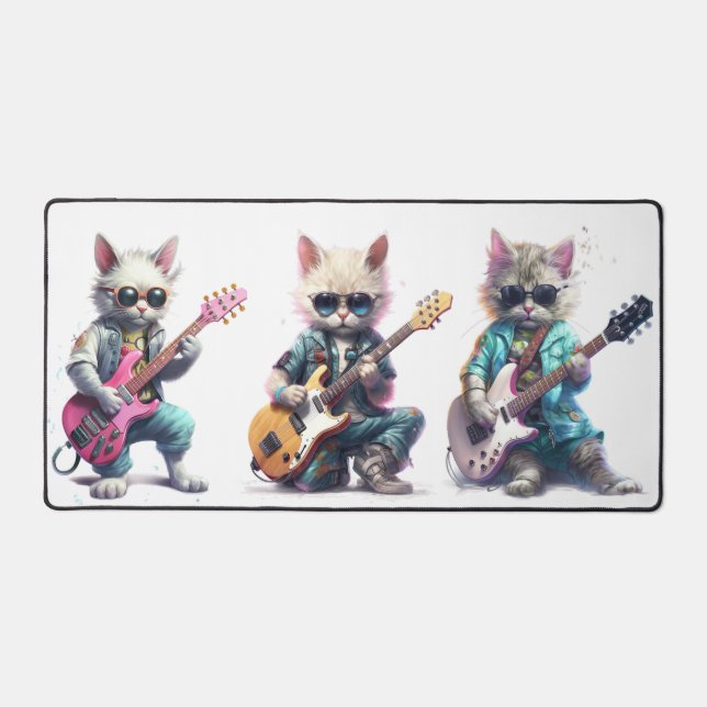 A Cute Cat Plays Electro Guitar Desk Mat (Front)