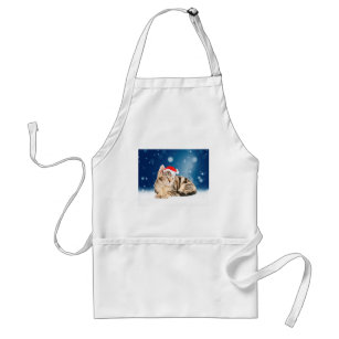 A Cute Cat wearing red Santa hat Christmas Snow Adult Apron