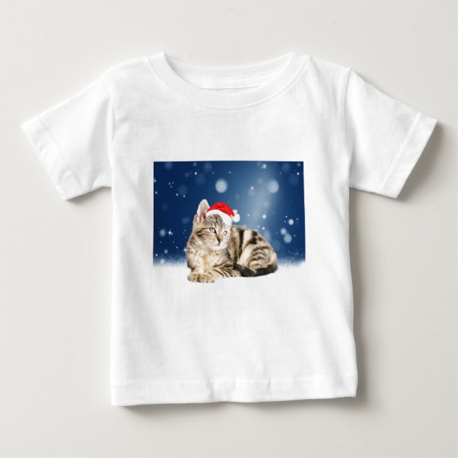 A Cute Cat wearing red Santa hat Christmas Snow Baby T-Shirt (Front)