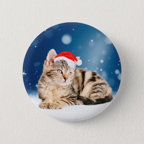 A Cute Cat wearing red Santa hat Christmas Snow Button