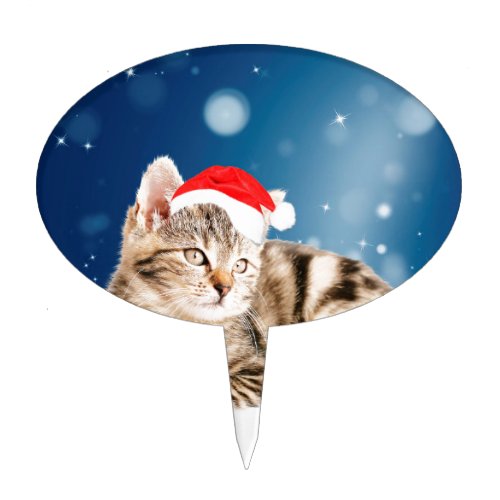 A Cute Cat wearing red Santa hat Christmas Snow Cake Topper