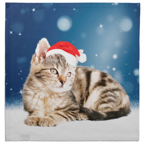A Cute Cat wearing red Santa hat Christmas Snow Cloth Napkin