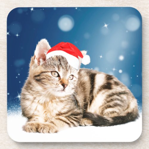 A Cute Cat wearing red Santa hat Christmas Snow Drink Coaster