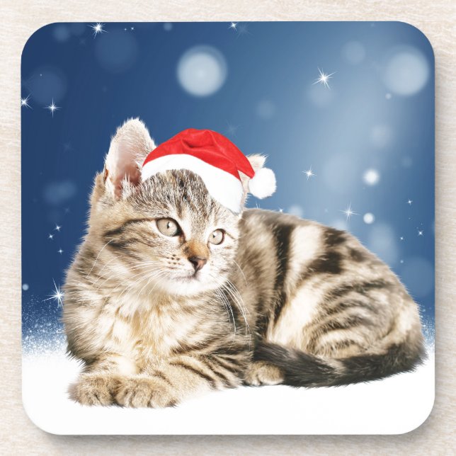 A Cute Cat wearing red Santa hat Christmas Snow Drink Coaster (Front)
