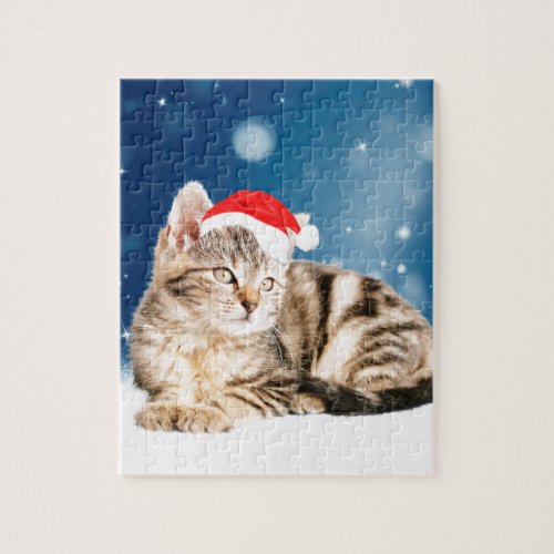 A Cute Cat wearing red Santa hat Christmas Snow Jigsaw Puzzle