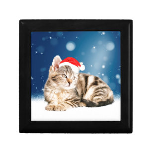 A Cute Cat wearing red Santa hat Christmas Snow Keepsake Box