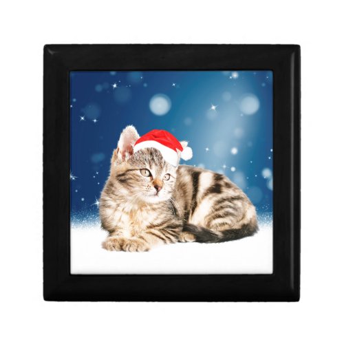 A Cute Cat wearing red Santa hat Christmas Snow Keepsake Box