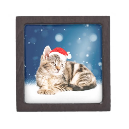 A Cute Cat wearing red Santa hat Christmas Snow Keepsake Box