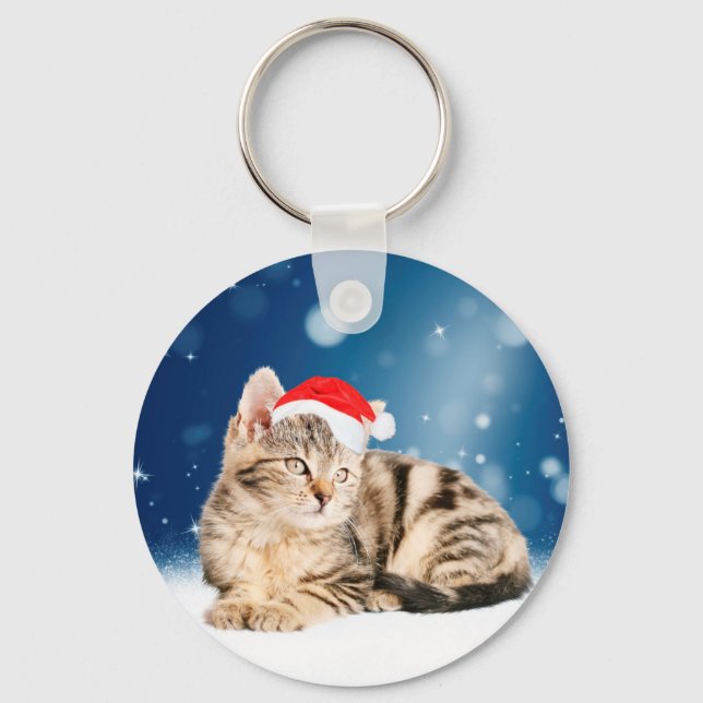 A Cute Cat wearing red Santa hat Christmas Snow Keychain (Front)