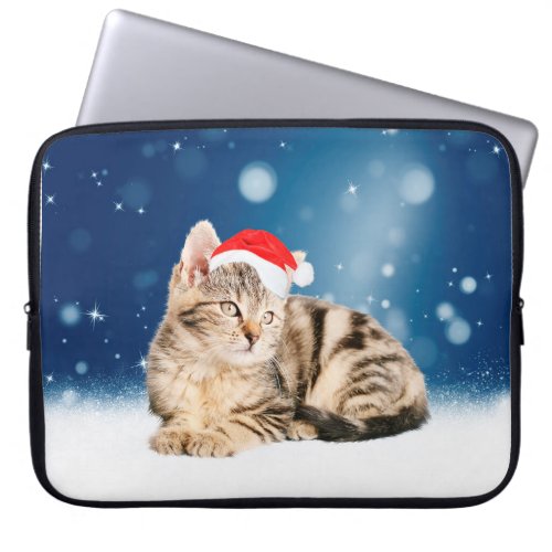 A Cute Cat wearing red Santa hat Christmas Snow Laptop Sleeve