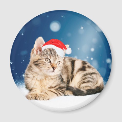 A Cute Cat wearing red Santa hat Christmas Snow Magnet