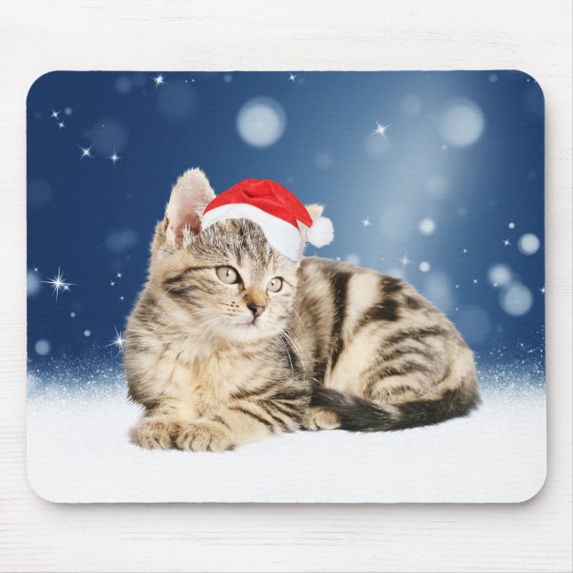 A Cute Cat wearing red Santa hat Christmas Snow Mouse Pad (Front)