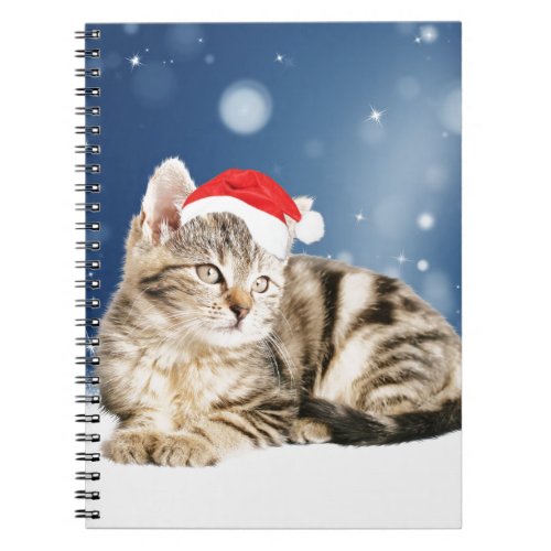 A Cute Cat wearing red Santa hat Christmas Snow Notebook