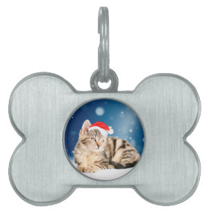 A Cute Cat wearing red Santa hat Christmas Snow Pet Name Tag