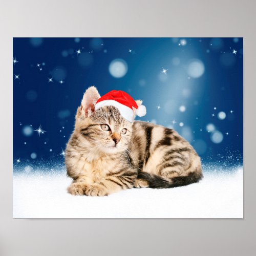 A Cute Cat wearing red Santa hat Christmas Snow Poster