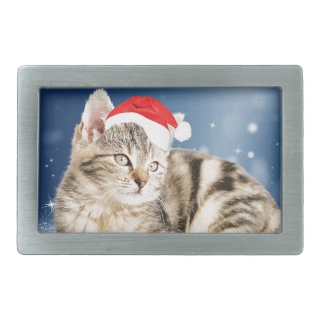 A Cute Cat wearing red Santa hat Christmas Snow Rectangular Belt Buckle (Front)