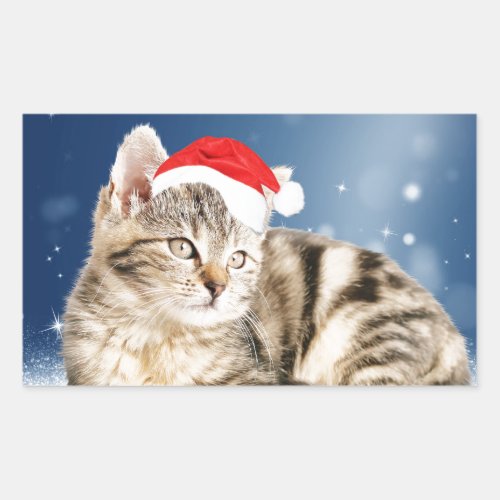 A Cute Cat wearing red Santa hat Christmas Snow Rectangular Sticker