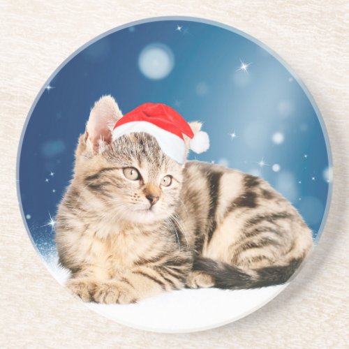 A Cute Cat wearing red Santa hat Christmas Snow Sandstone Coaster