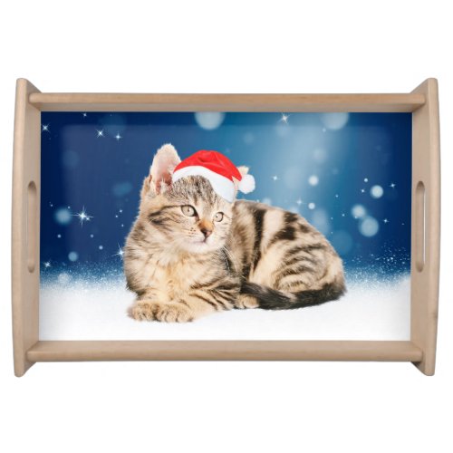 A Cute Cat wearing red Santa hat Christmas Snow Serving Tray