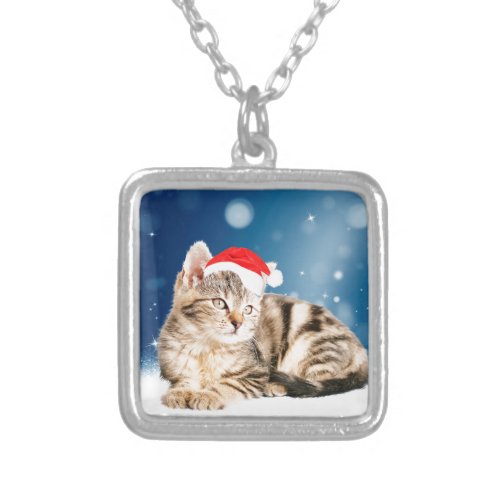 A Cute Cat wearing red Santa hat Christmas Snow Silver Plated Necklace