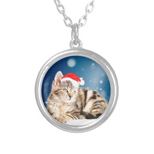 A Cute Cat wearing red Santa hat Christmas Snow Silver Plated Necklace