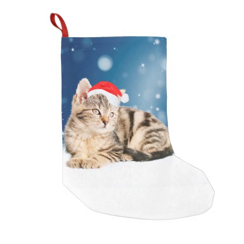 A Cute Cat wearing red Santa hat Christmas Snow Small Christmas Stocking