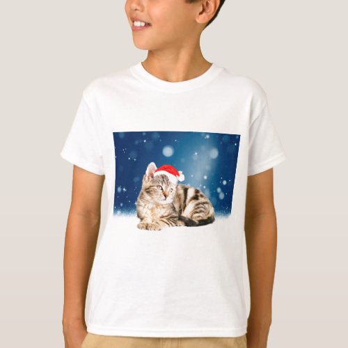 A Cute Cat wearing red Santa hat Christmas Snow T_Shirt