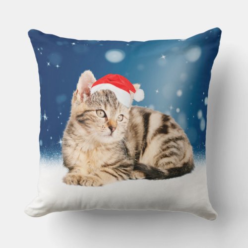 A Cute Cat wearing red Santa hat Christmas Snow Throw Pillow