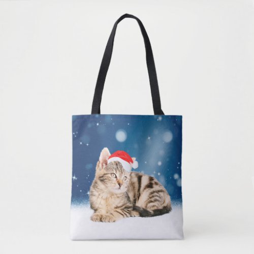 A Cute Cat wearing red Santa hat Christmas Snow Tote Bag