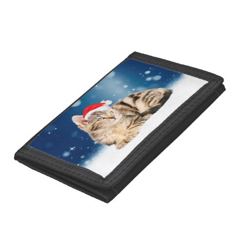 A Cute Cat wearing red Santa hat Christmas Snow Tri_fold Wallet