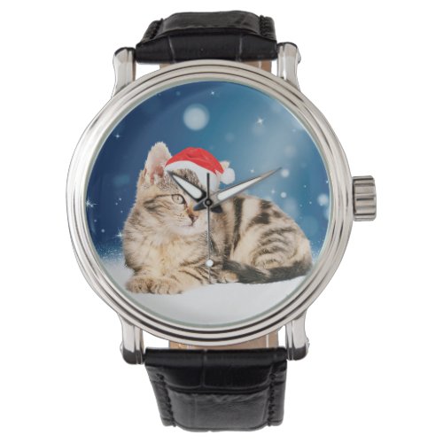 A Cute Cat wearing red Santa hat Christmas Snow Watch