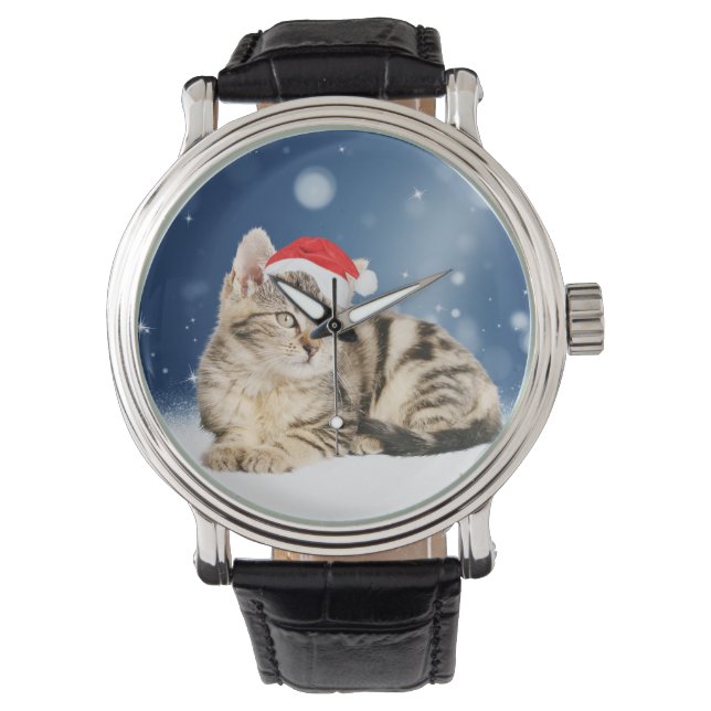 A Cute Cat wearing red Santa hat Christmas Snow Watch (Front)
