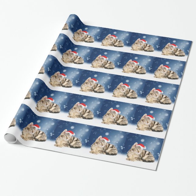 A Cute Cat wearing red Santa hat Christmas Snow Wrapping Paper (Unrolled)