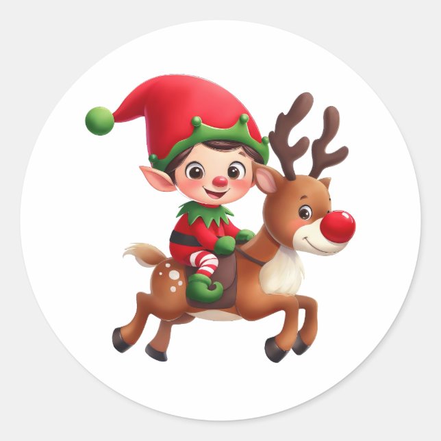 A cute Christmas Elf getting a ride on Rudolph Classic Round Sticker (Front)