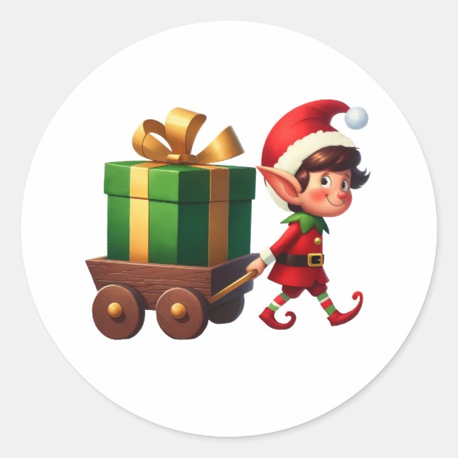 A cute Christmas Elf pulling a wagon with a gift Classic Round Sticker (Front)