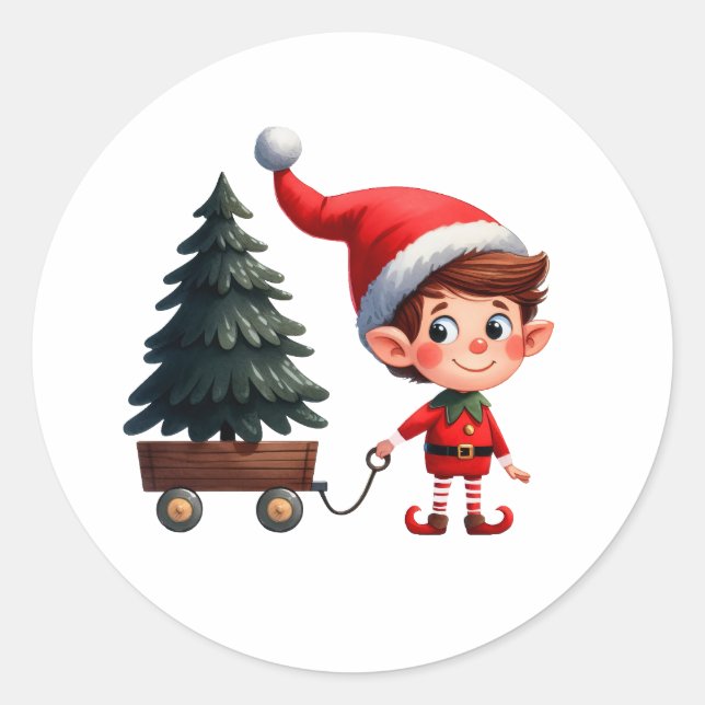 A cute Christmas Elf pulling a wagon with a tree Classic Round Sticker (Front)
