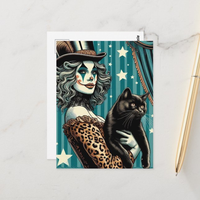 A Cute Clown and Black Cat Postcard (Front/Back In Situ)