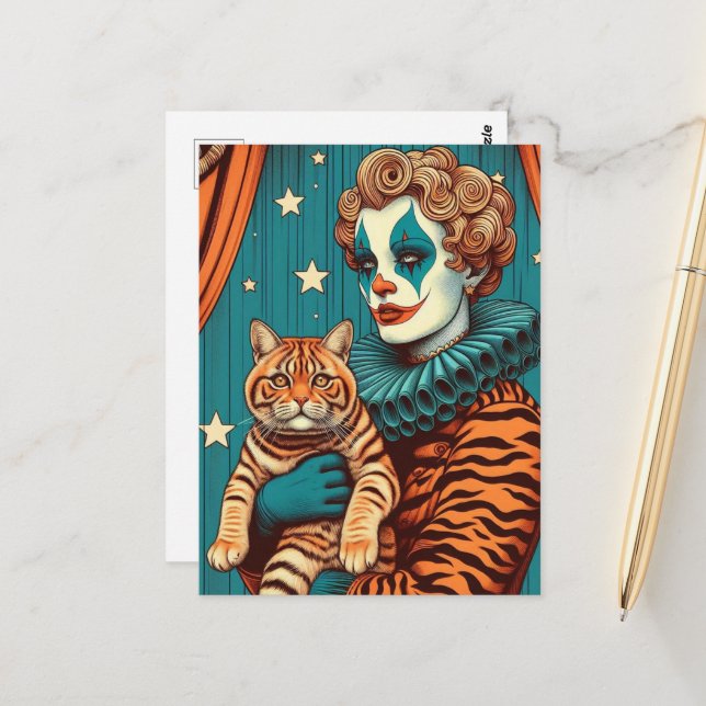 A Cute Clown and Tabby Ginger Cat Postcard (Front/Back In Situ)