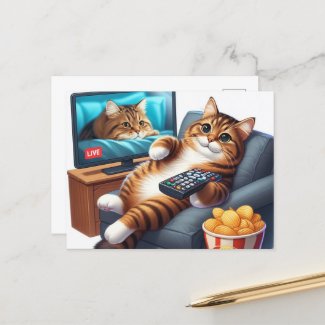 A Cute Couch Potato Cat Watches Television