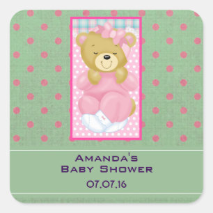 A Cute Cuddly Bear Dressed in Pink Baby Shower Square Sticker