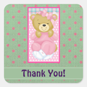 A Cute Cuddly Bear Dressed in Pink Thank You Square Sticker