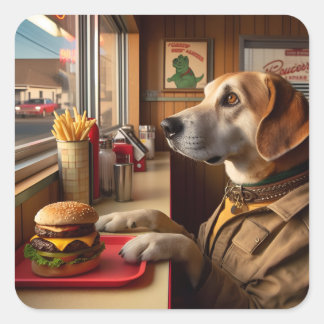 A cute dog at the Diner Square Sticker