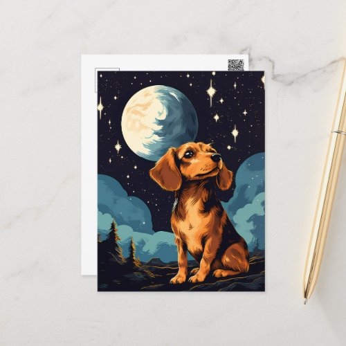 A Cute Dog Gazing at the Moon and Stars Postcard