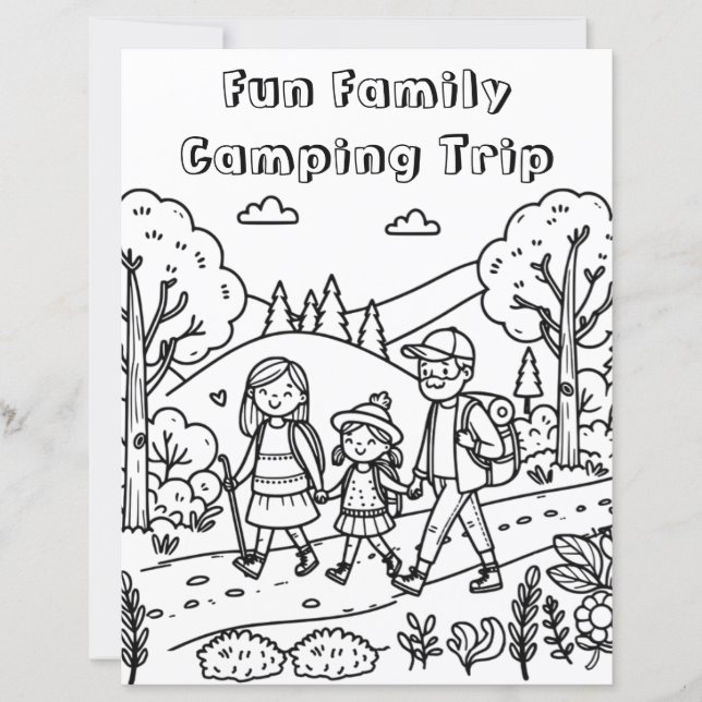 A cute Family Hiking and Camping Coloring Page (Front)